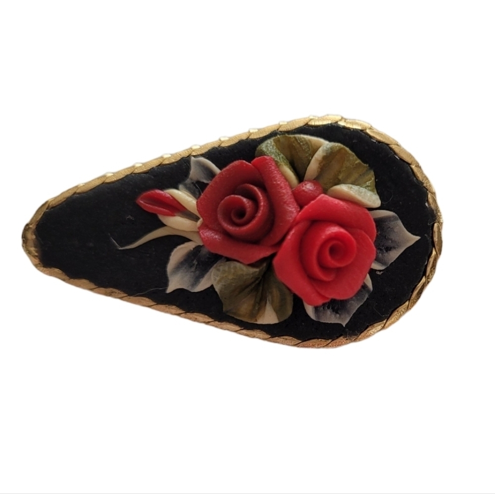 Vintage Red Rose Teardrop Brooch Black Gold Tone Floral Pin Victorian Style